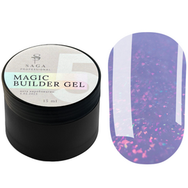 SAGA Builder Gel Magic №5 (блакитний з різнокольоровою поталлю), 15 мл, Об'єм: 15 мл, Колір: 005, image 
