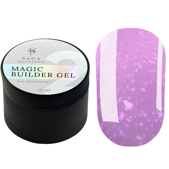 SAGA Builder Gel Magic №2 (ліловий з різнокольоровою поталлю), 15 мл, Об'єм: 15 мл, Колір: 002, image 
