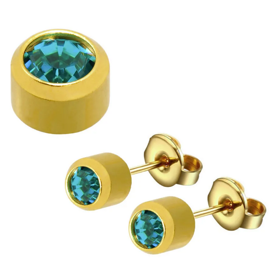 CAFLON Blue Сережки голки для проколу вух завальцьовані (PVD, N, блакитний циркон, оправа, 3мм, сталь), image 