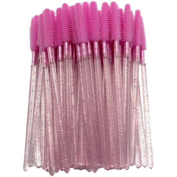S.P. Щіточки для розчісування вій рожеві глітерна основа (силікон), 50 шт, Колір: Рожевий з глітером, image 